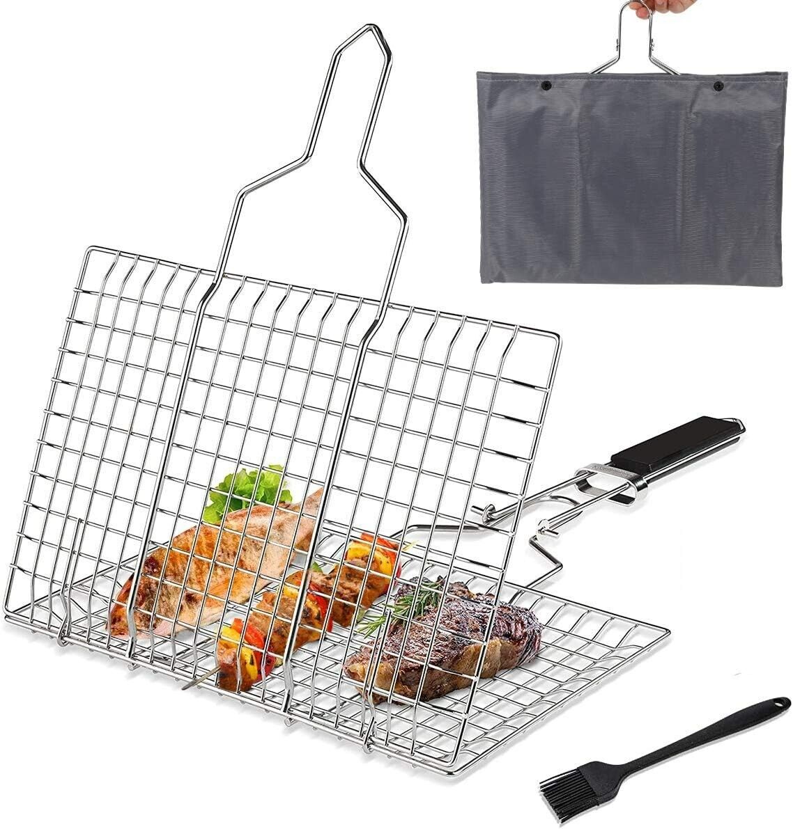 BBQ Grilling Basket, Foldable Stainless Steel Barbecue Grill Basket for Fish Veg