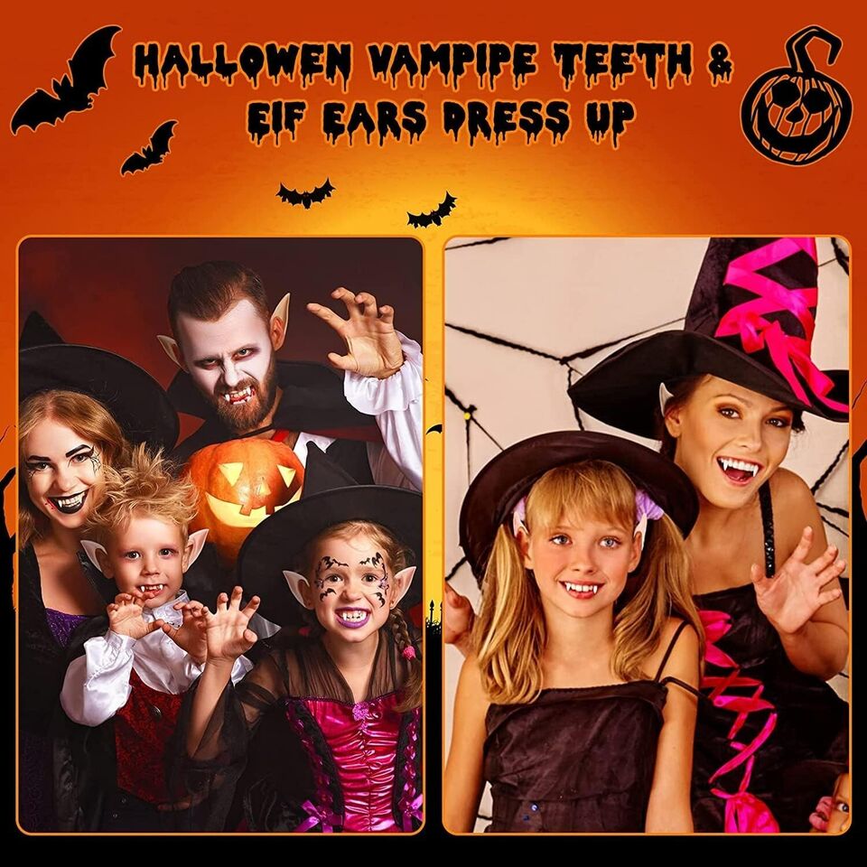 Elf Ears Fangs, Fairy Pixie Pointed Tips Ear & Vampire Fake Teeth, Cosplay Party