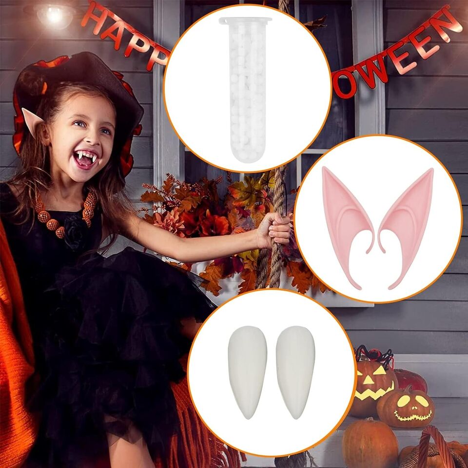 Elf Ears Fangs, Fairy Pixie Pointed Tips Ear & Vampire Fake Teeth, Cosplay Party