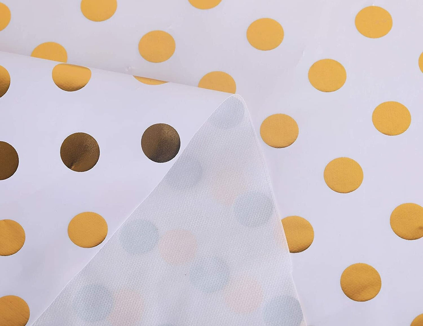 Vinyl Metallic Gold Polka Dot on White Easy Wipe Clean PVC Tablecloth