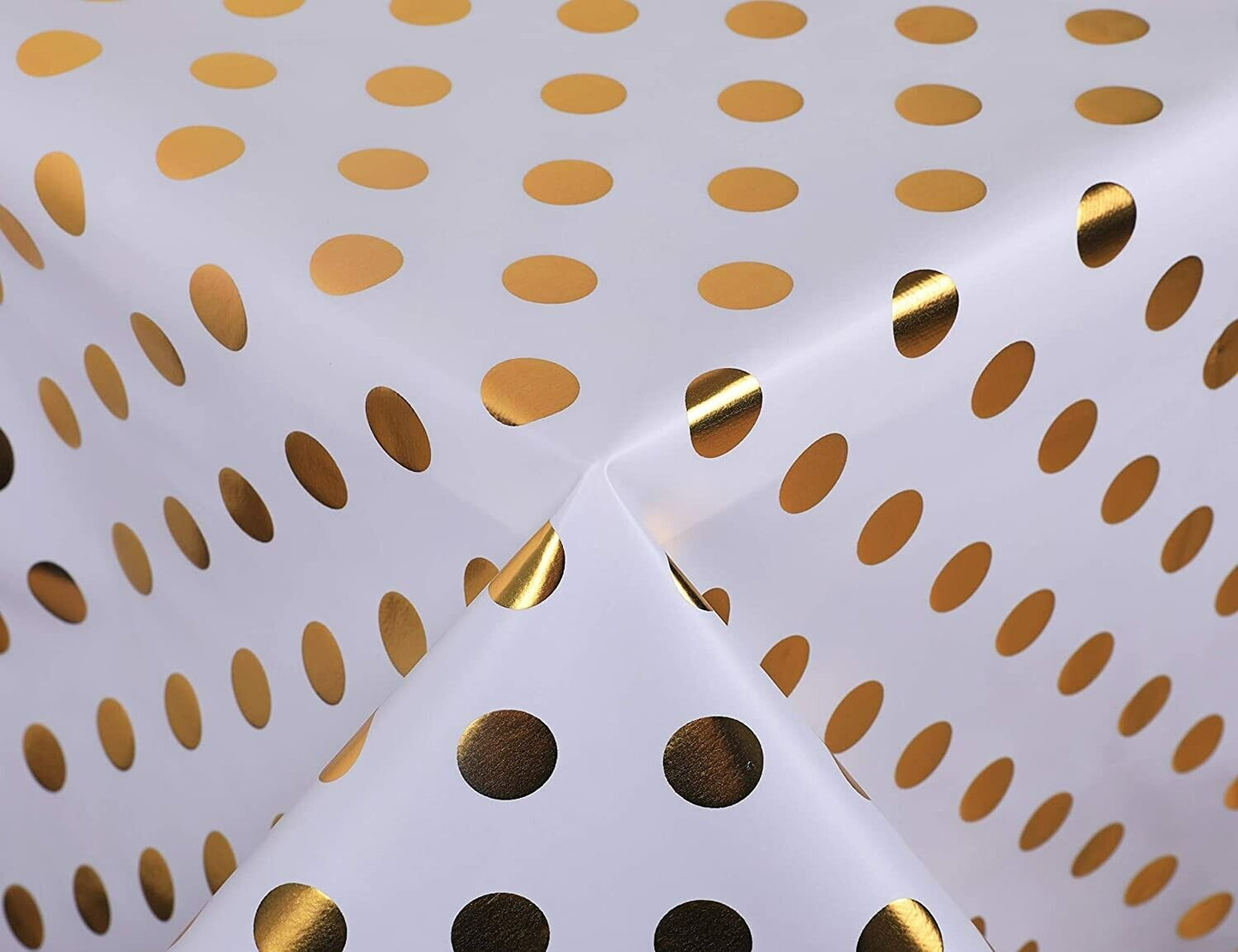Vinyl Metallic Gold Polka Dot on White Easy Wipe Clean PVC Tablecloth